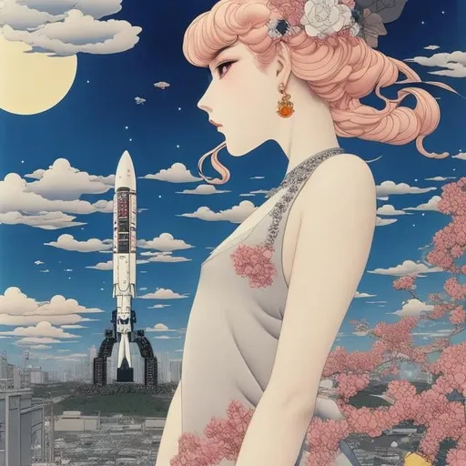 Prompt: Katsuhiro Otomo, George Barbier, Surreal, mysterious, strange, fantastical, fantasy, Sci-fi, Japanese anime, DIY rocket, launching towards the moon, beautiful girl in miniskirt, perfect voluminous body, detailed masterpiece 