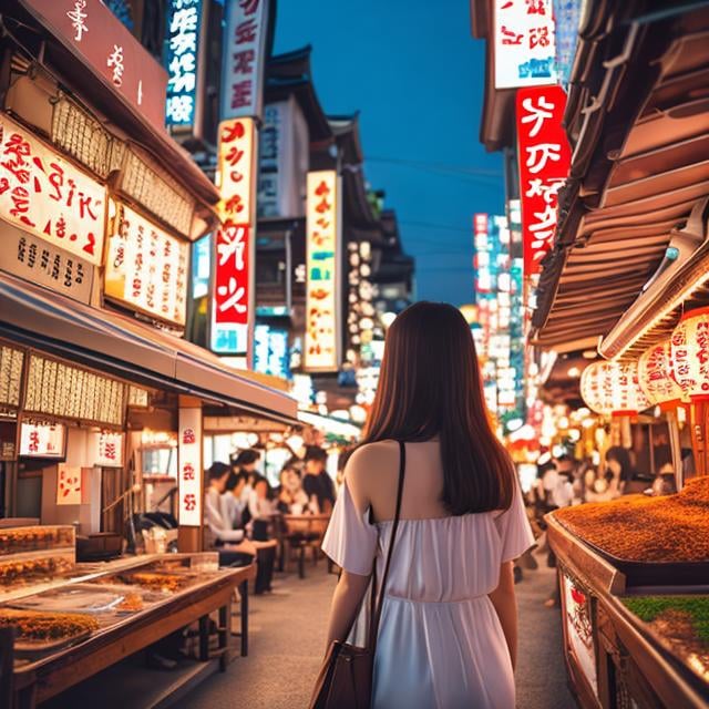 Prompt: masterpiece, best quality, ultra-detailed, illustration, omatsuri, food stand, 1girl, beautiful eyes, looking at viewer from behind, cowboy shot, looking back, yukata, tree, outdoors,road, walking, crowd, night, lantern, festival, food, pavement, crosswalk, paper lantern, lamppost, brown hair, night sky, Japanese anime, spaceship, huge moon, surreal 