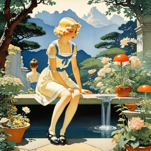 Prompt: Norman Rockwell, Virginia Frances Sterrett, Coles Phillips, Anne Anderson, Margaret Tarrant, katsuhiro Otomo, Surrealism Mysterious Weird Fantastic Fantasy Sci-fi, Japanese Anime, Miniature Garden Sports Day Blonde Bloomers Beautiful Girl Alice, perfect voluminous body, Blueprint, detailed masterpiece 