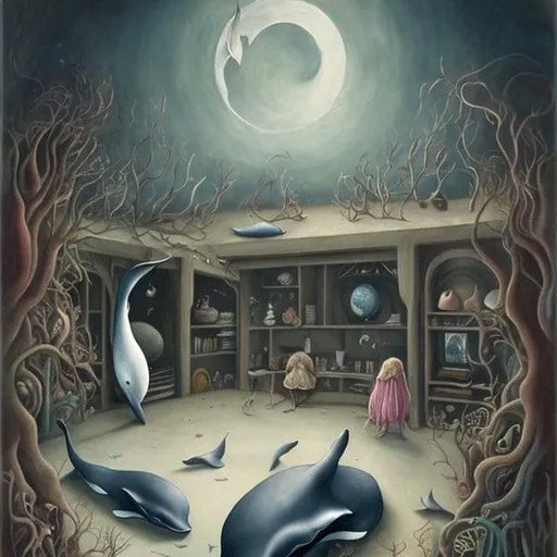 Prompt: Leonora Carrington,  Mabel Lucie Attwell, Margaret Tarrant, moon sleeping in basement, a girl wondering looking for her fate, whale beach, orb, detailed, high quality, high resolution, high definition, masterpiece 