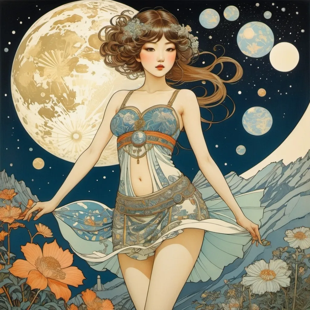 Prompt: Yuko Shimizu, Yuko Higuchi, George Barbier, Alphonse Mucha, Florence Harrison, Surrealism Mysterious Bizarre Fantastic Fantasy Sci-fi, Japanese Anime, Adventure Travel in the Atlas, Miniskirt Beautiful Girl, perfect voluminous body, detailed masterpiece 