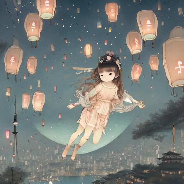 Prompt: Kate Greenaway, Japanese anime,  surreal　wondrous　strange　Whimsical　fanciful　Sci-Fi Fantasy　Toronto Night View　Flying lanterns　Solo girl, hyperdetailed high resolution high quality high definition masterpiece, manga lines, realistic