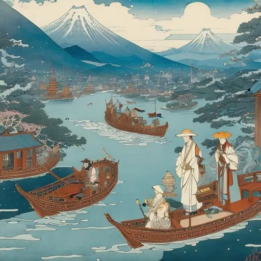 Prompt: Anton Pieck, George Barbier, Ukiyo-e style Japanese Anime Surreal Mysterious Weird Fantastic Fantasy Sci-fi Fantasy Lantern Flowing on the River of the Galaxy, hyperdetailed high resolution high definition high quality masterpiece, fine lines