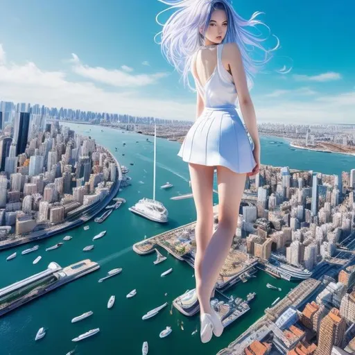Prompt: Lena Frölander-Ulf, Hajime Sorayama, Surreal, mysterious, strange, fantastical, fantasy, Sci-fi, Japanese anime, view from the rooftop of a skyscraper, blue sky, flying boat, beautiful girl in a miniskirt seen from the rooftop, bird's eye view, detailed masterpiece 