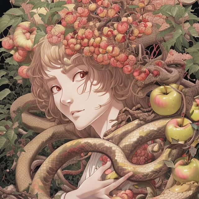 Prompt: Sydney Sime, Japanese anime, Katsuhiro Otomo, manga lines, Eve, apple Tree, holding an apple, huge snake, hyperdetailed, realistic, high resolution, high quality, high definition, masterpiece 