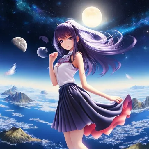 Prompt: Barbara Cooney, Hiroshi Masumura, Surreal, mysterious, strange, fantastical, fantasy, Sci-fi, Japanese anime, galaxy celestial globe model, permanently operating screw type, miniskirt beautiful high school girl carrying the moon, perfect voluminous body, detailed masterpiece perspectives angles