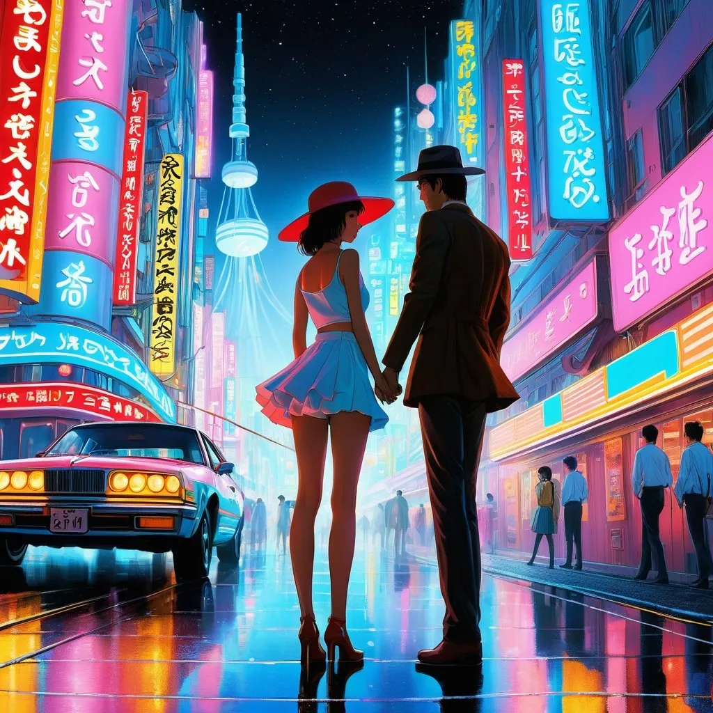 Prompt: Daisukerichard, Jean Giraud, Surreal, mysterious, bizarre, fantastic, fantasy, sci-fi, Japanese anime, Tokyo cruise, dreams are floating, under the expressionless sky, getting lost and being swallowed up, Tokyo cruise, dreams are melting, in the colored neon city, we stare at each other and comfort each other, summer The night breeze permeates my bod, The dreams of that day are far away in back of my mind, like a fossil, beautiful high school girl in a miniskirt, perfect bidy, detailed masterpiece 