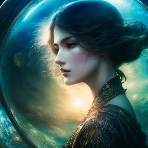 Prompt: Arthur Rackham, James Jean, Sydney Sime, Surreal, mysterious, strange, fantastical, fantasy, Sci-fi, Japanese anime, glass globe, prism, refraction, beautiful girl shining in the light, perfect voluminous body, hyper detailed masterpiece high resolution definition quality, depth of field cinematic lighting realistic 