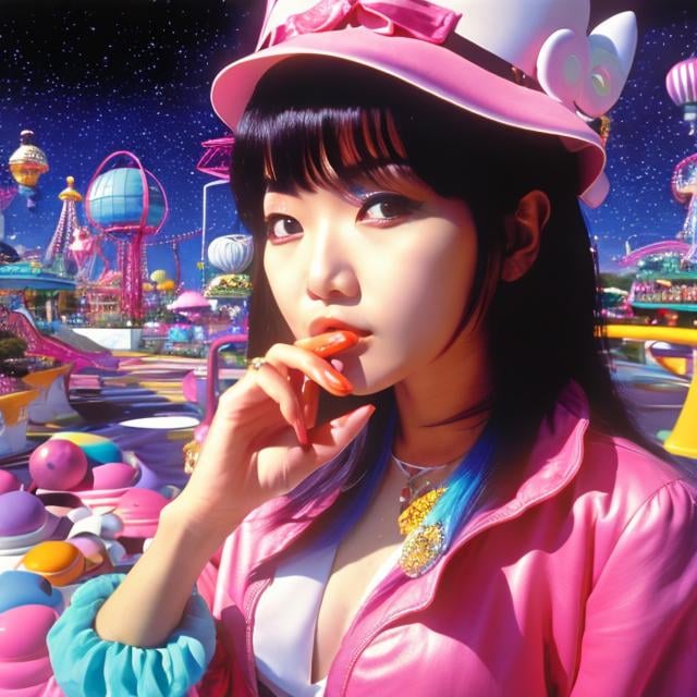 Prompt: Akiko Higashimura, Kenny Scharf, Surreal, mysterious, strange, fantastical, fantasy, Sci-fi, Japanese anime, amusement park in the palm of your hand, beautiful girl in miniskirt, perfect voluminous body, detailed MAs 