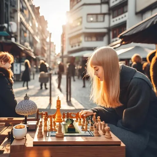 Prompt: Elsa Beskow, Ernst Kreidolf, Mysterious, strange, surreal, bizarre, fantasy, Sci-fi, Japanese anime, geometric automatic chess device, cobblestone square, setting moon, beautiful girl in a miniskirt eating at a ramen stall, perfect body, detailed masterpiece colour hand drawings