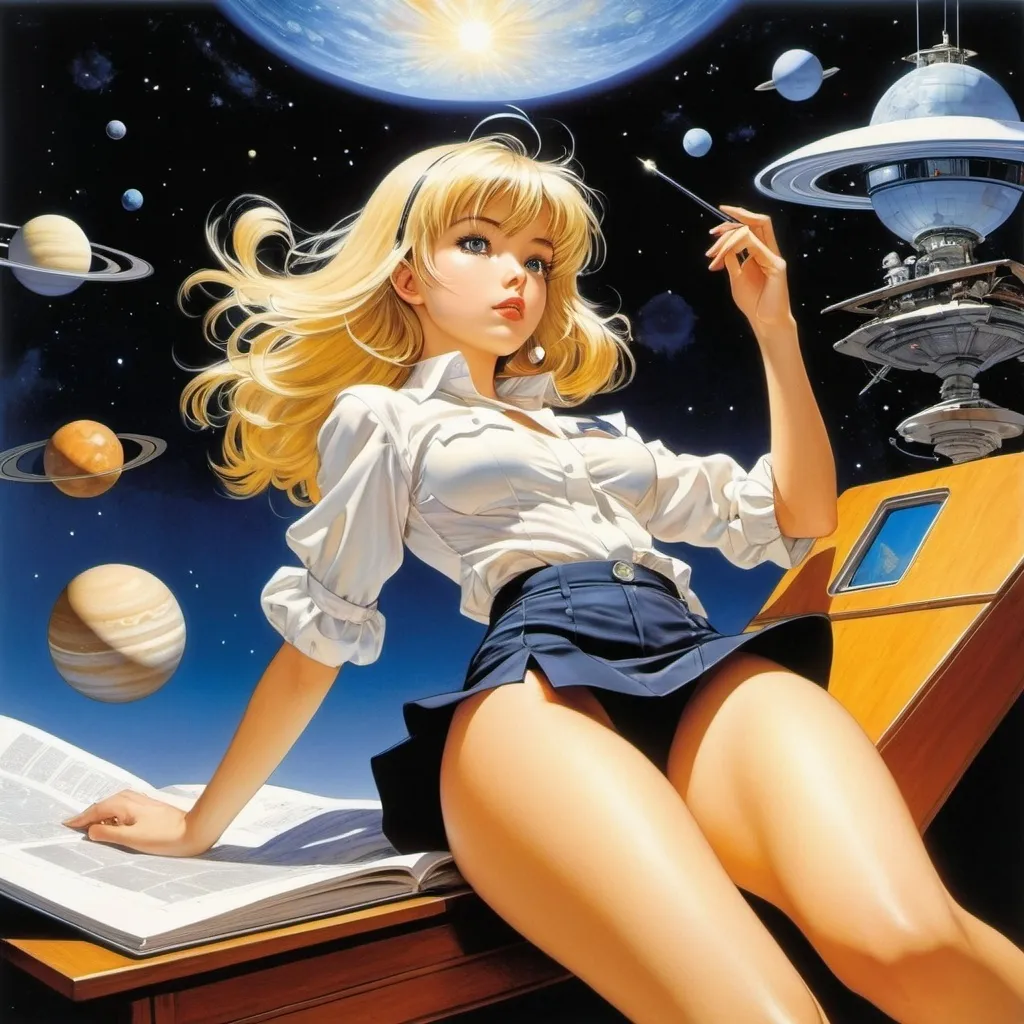 Prompt: Naoyuki Kato, Masamune Shirow, Cândido de Faria, Wally Wood, Angelo Jank, Surrealism, wonder, strange, bizarre, fantasy, Sci-fi, Japanese anime, Saturn on the bed, beautiful blonde miniskirt girl Alice calculating the fall trajectory, perfect voluminous body, looking at the solar system from the swivel chair in the study room, detailed masterpiece low high angles perspectives 