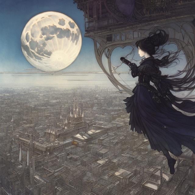 Prompt: Arthur Rackham, Japanese Anime, Surreal Mysterious Weird Fantastic Fantasy Sci-Fi, Walking in the Air, High School Girl, Tokyo Tower, Full Moon, Bird's Eye View, detailed, high resolution definition quality masterpiece 