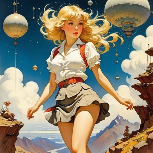 Prompt: Heath Robinson, Luciano Lozano, Nicholas Roerich, Coby Whitmore, Andrew Loomis, Surrealism, strange, bizarre, fantastical, fantasy, Sci-fi, Japanese anime, science and literature depict the universe, design and construction of turbulence and vortex accumulation, beautiful blonde miniskirt girl Alice, perfect voluminous body, detailed masterpiece 