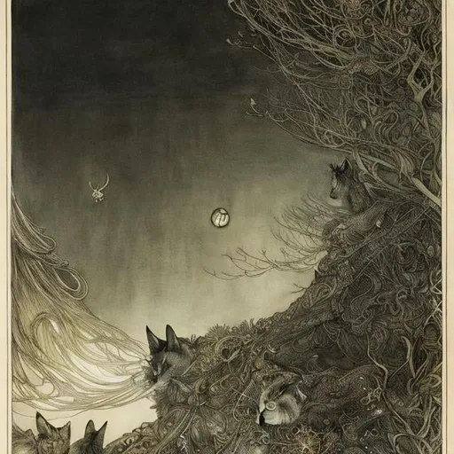 Prompt: Arthur Rackham, Jean Dunand , Japanese Anime Surreal Mysterious Weird Fantastic Sci-fi Fantasy Fantasy The night the cats fall, hyperdetailed high resolution high definition high quality masterpiece 