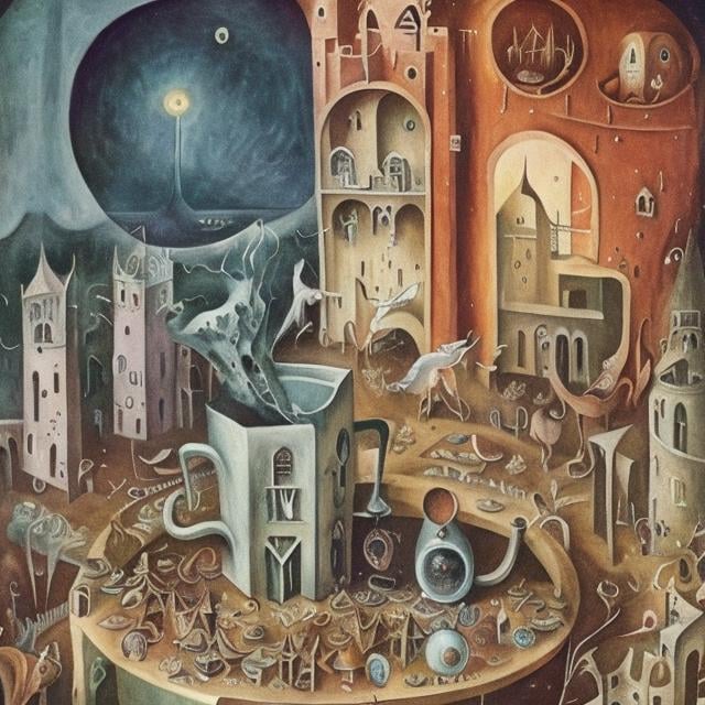 Prompt: Leonora Carrington,  Mabel Lucie Attwell, Margaret Tarrant, world slowly sinking in a coffee cup, diamond mine, process in a tower, dawn, detailed, high quality, high resolution, high definition, masterpiece 