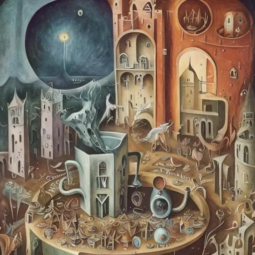 Prompt: Leonora Carrington,  Mabel Lucie Attwell, Margaret Tarrant, world slowly sinking in a coffee cup, diamond mine, process in a tower, dawn, detailed, high quality, high resolution, high definition, masterpiece 