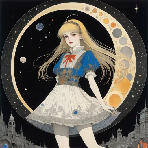Prompt: Harry Clarke, Lavinia Fontana, Surreal, mysterious, strange, fantastical, fantasy, Sci-fi, Japanese anime, celestial play, solar system, phases of the moon, lunar eclipse territory, beautiful blonde miniskirt girl Alice in the shadows, perfect voluminous body, detailed masterpiece 