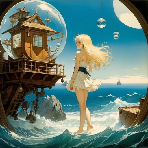 Prompt: William Timlin, Frederick Sands Brunner, Ernst Kreidolf, Surreal, mysterious, strange, fantastical, fantasy, Sci-fi, Japanese anime, observatory, shipwreck, bathing hut, sea orchestra, flying demon magic, crystal ball, diorama, blonde miniskirt beautiful girl Alice, perfect voluminous body, detailed masterpiece 