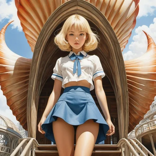 Prompt: Minoru Nomata, René Follet, Jane Graverol, Surrealism, wonder, strange, fantastical, fantasy, Sci-fi, Japanese anime, conch shell blueprints, 3D perspective, cross-section drawings, natural history architectural illustrations, blonde miniskirt beautiful girl Alice, perfect voluminous body, detailed masterpiece low high angles