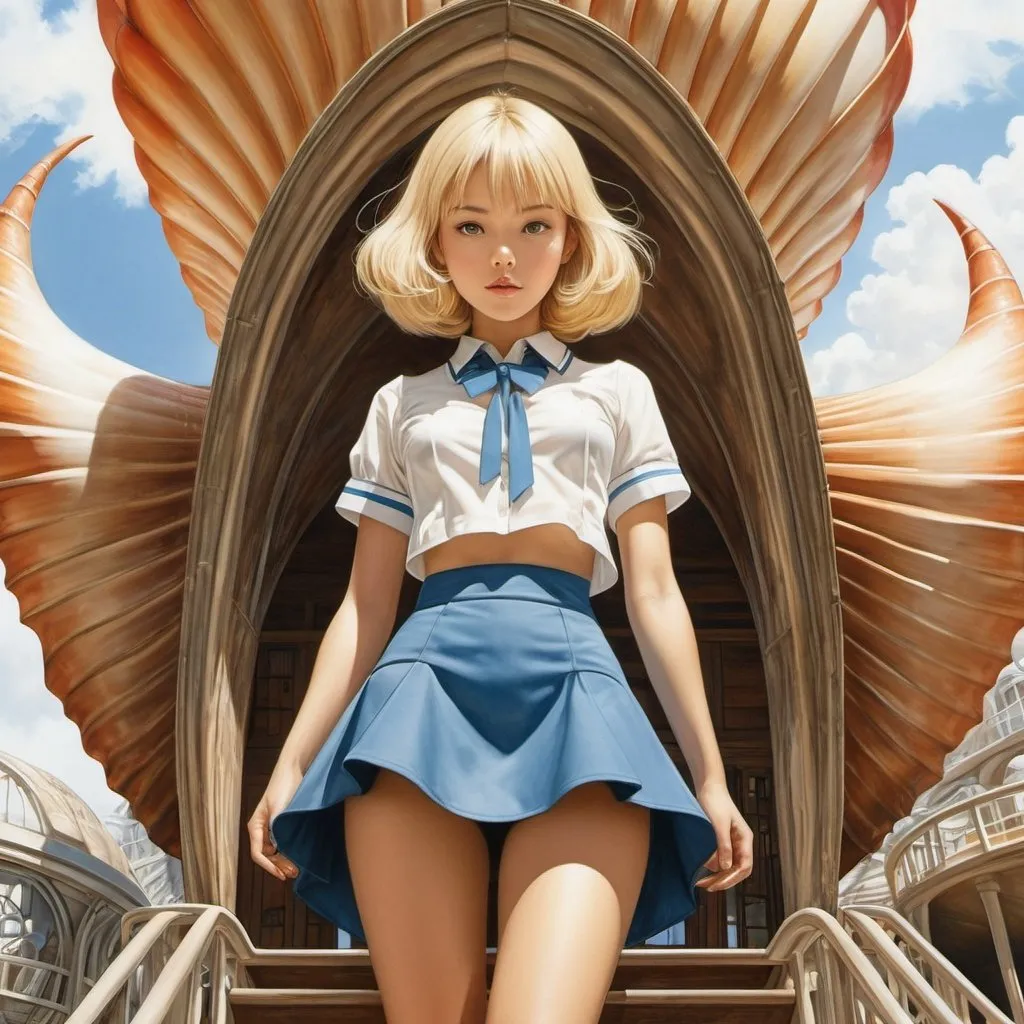 Prompt: Minoru Nomata, René Follet, Jane Graverol, Surrealism, wonder, strange, fantastical, fantasy, Sci-fi, Japanese anime, conch shell blueprints, 3D perspective, cross-section drawings, natural history architectural illustrations, blonde miniskirt beautiful girl Alice, perfect voluminous body, detailed masterpiece low high angles