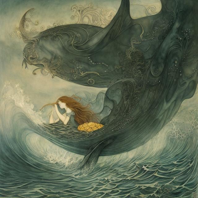 Prompt: Leonora Carrington, Arthur Rackham, Erte, Ukiyo-e, Japanese anime, surreal, mysterious, bizarre, bizarre, fantasy, sci-fi fantasy, ocean in a cup, whale jumping, astronomical observation, autumn girl, hyper detailed, high resolution high definition high quality masterpiece 