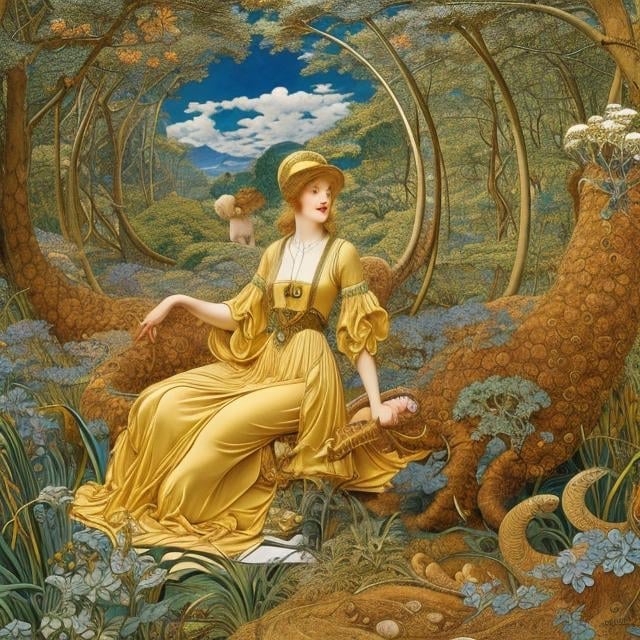 Prompt: Walter Crane, Frank Cadogan Cowper, Hannes Bok, m c Escher, Japanese anime, automatic crescent girl, fossil digging, bottom of the forest, twisted time, hyperdetailed high resolution high quality high definition masterpiece 