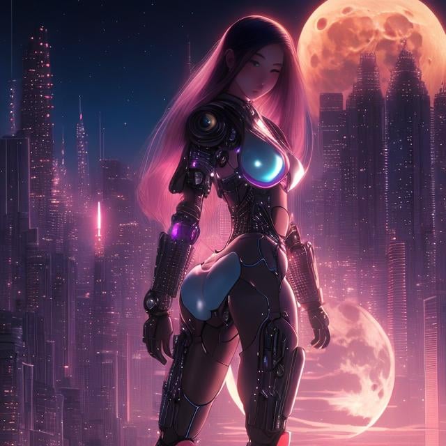 Prompt: Hiroshi Masumura, Charles Robinson, Surreal, mysterious, strange, fantastical, fantasy, Sci-fi, Japanese anime, Toronto night view, beautiful cyborg girl, rider suit, perfect voluminous body, moon in the multicolored night sky, detailed masterpiece 