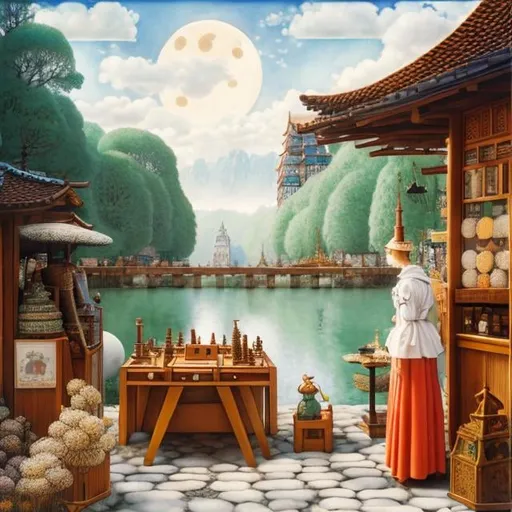 Prompt: Elsa Beskow, Ernst Kreidolf, Mysterious, strange, surreal, bizarre, fantasy, Sci-fi, Japanese anime, geometric automatic chess device, cobblestone square, setting moon, beautiful girl in a miniskirt eating at a ramen stall, perfect body, detailed masterpiece colour hand drawings