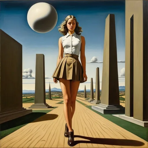 Prompt: Emanuel de Witte, Giorgio de Chirico, Surreal, mysterious, bizarre, fantastical, fantasy, Sci-fi, Japanese anime, death of God, metaphysical painting, a plaza shrouded in silence, an endless road, a meaningless world, the lingering shadow of a beautiful girl in a miniskirt, perfect voluminous body, a machine called geometry, detailed masterpiece 