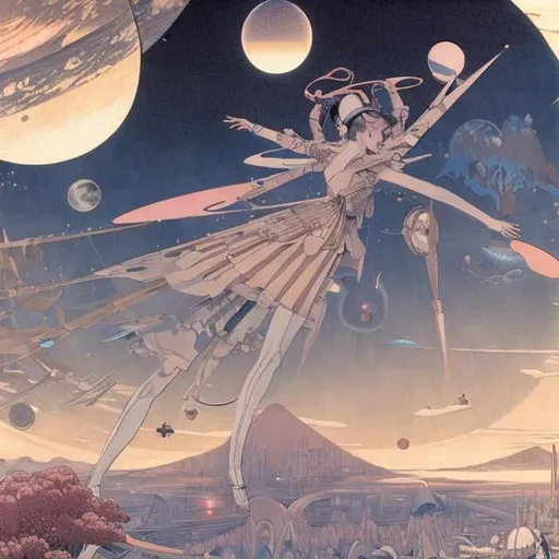 Prompt: George Barbier, John harris, Margaret Tarrant, Richard Dadd, Japanese anime wondrous　Sci-Fi Fantasy Sunset in a Moonlit Night　Miniskirt schoolgirl　Time blueprint　Time to swirl and circle　Planetary Time　perspective　section plan　unfolded　Architectural Drawings　Hyperdetailed high resolution high definition high quality masterpiece