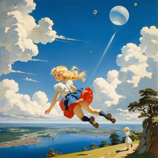 Prompt: Konstantin Andreevich Somov, Mabel Attwell, Surreal, mysterious, strange, fantastical, fantasy, Sci-fi, Japanese anime, long free fall, formula of gravity, beautiful blonde miniskirt girl Alice, perfect voluminous body, blue sky and sea of ​​clouds, detailed masterpiece 