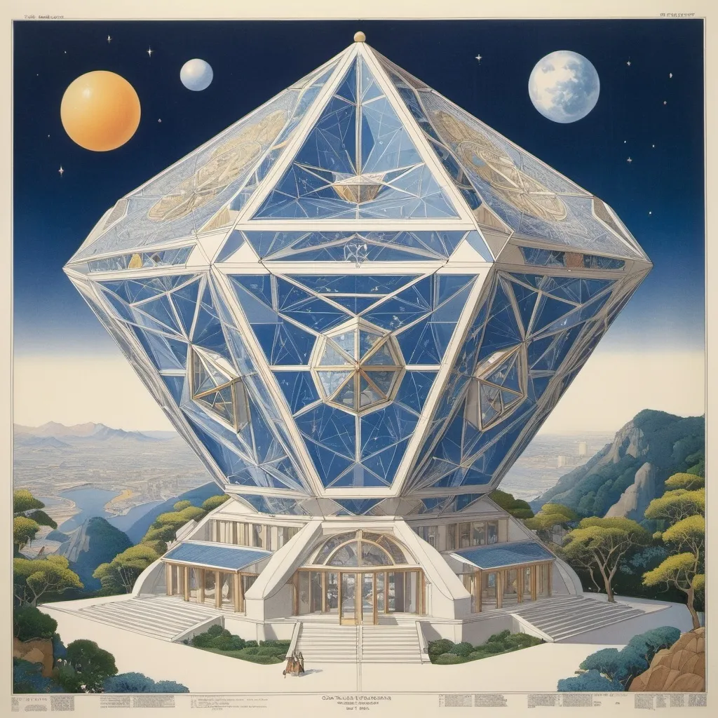 Prompt: George Barbier, Fortunato Depero, Roberto Innocenti, Wally Wood, Kanoko Sakurakoji, Surrealism Mysterious Weird Fantastic Fantasy Sci-fi, Japanese Anime, Regular polyhedron, quasi-polyhedron, star-shaped regular polyhedron, twisted regular polyhedron, Miniskirt beautiful girl architect, perfect voluminous body, Blueprints, cross-sections Perspective, detailed masterpiece 