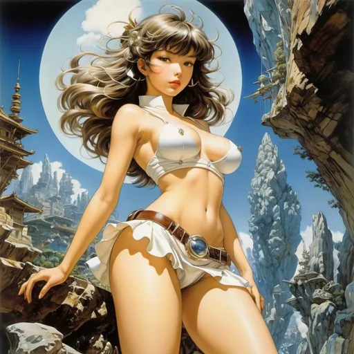 Prompt: Masamune Shirow, Dorothea Tanning, Surreal natural history, mysterious, strange, fantastical, fantasy, sci-fi, Japanese anime, scales and miniskirt maiden, perfect voluminous body, crystal, which way will it lean?, detailed Masterpiece 