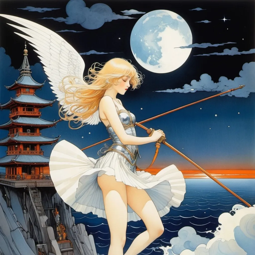 Prompt: Kay Nielsen, Becky Cloonan, Edmond Dulac, Masamune Shirow,  Renáta Fučíková, Surrealism, wonder, strange, fantastical, fantasy, Sci-fi, Japanese anime, visible darkness, walking at night, sailing ship sailing through a high tower, the fall of a miniskirt beautiful girl angel, perfect voluminous body, detailed masterpiece 