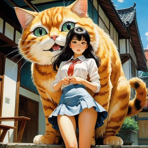 Prompt: Kazuo Iwamura, Gyo Fujikawa, Robert Ingpen, Louis Moe, Louis Wain, August Natterer, Surrealism, Mystery, Weird, Outlandish, Fantasy, Sci-fi, Japanese Anime, Beautiful high school girl in a miniskirt stroking the head of a giant 8m long cat, perfect voluminous body,  the mistress and her cute pet, detailed masterpiece 