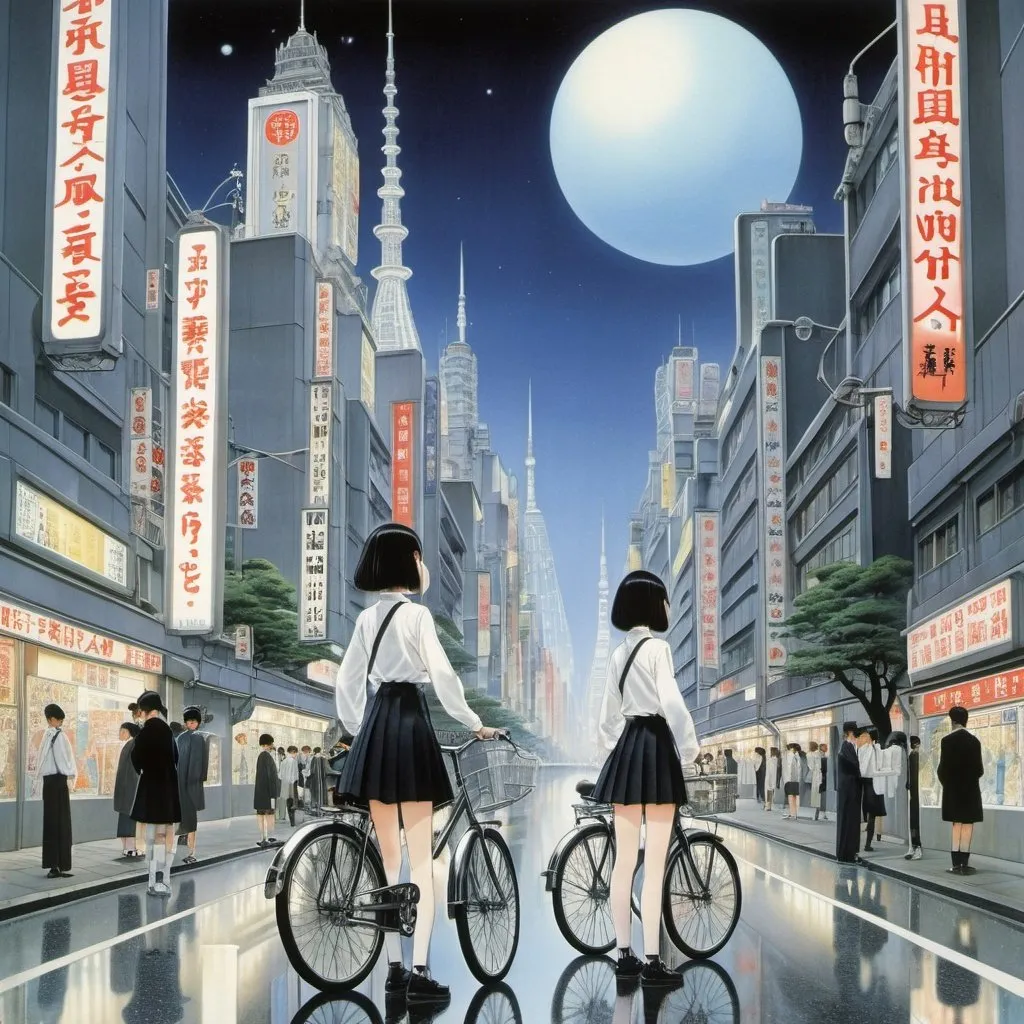 Prompt: Kay Nielsen, Carll Cneut, Haruka Aizawa, Hasui Kawase, Jun'ichi Nakahara, Surrealism Mysterious Weird Fantastic Fantasy Sci-fi, Japanese Anime, Future City of Tokyo in the Mirror, Miniskirt Beautiful High School Girl Bicycle Trip, perfect voluminous body, detailed masterpiece low high angles perspectives reflection transmission reflection 