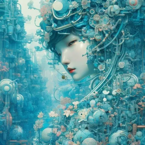 Prompt: James Jean Surreal, mysterious, strange, fantastical, fantasy, Sci-fi, Japanese anime, from hard machines to soft machines, harmony between the function and form of living things, biomachine, beautiful girl, mechanics of the origin, futurism, detailed masterpiece 