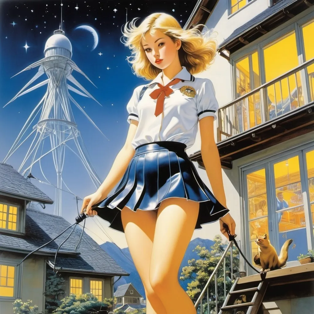 Prompt: Joyce Lankester Brisley, Sigmar Polke, Hajime Sorayama, Clifford Webb, Chris Van Allsburg, Surrealism, wonder, strange, bizarre, fantasy, Sci-fi, Japanese anime, entropic night and stars, beautiful high school girl in a miniskirt, perfect voluminous body, building a house with wire, a flying penguin, detailed masterpiece 