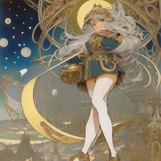 Prompt: Alphonse Mucha, Maurice Sendak, Charles Doyle, Japanese anime, surreal mysterious strange bizarre fantasy sci-fi, galaxy mail, miniskirt girl mailman uniform, rocket piloting, galaxy, planet, moon, detailed masterpiece