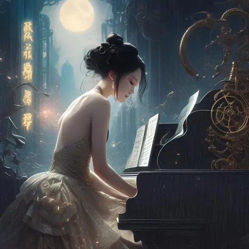 Prompt: James Jean, Tim Bradstreet, Surreal, mysterious, strange, fantastical, fantasy, Sci-fi, detailed anime, mechanical theater, beautiful girl in a miniskirt dress playing the grand piano, perfect body, dancing notes, dynamism, falling moonlight, detailed masterpiece 