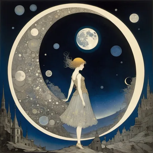 Prompt: Harry Clarke, Sidney Sime, Shaun Tan, Surreal, mysterious, strange, fantastical, fantasy, Sci-fi, Japanese anime, singing bubble cosmology, hemisphere of Magdeburg, time interpretation seen in the composition of a painting depicting the moon, miniskirt astronomical beautiful girl, perfect voluminous body, detailed masterpiece 