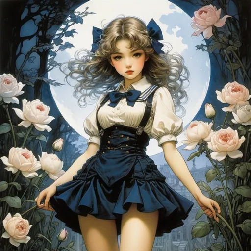 Prompt: Andreas Untersberger, Arthur Rackham, Franz Cižek, Surrealism Mysterious Weird Fantastic Fantasy Sci-Fi, Japanese Anime, Fairy Tale of Hyacinths and Roses, Hymn of the Night, Miniskirt Beautiful High School Girl, perfect voluminous body, detailed masterpiece 