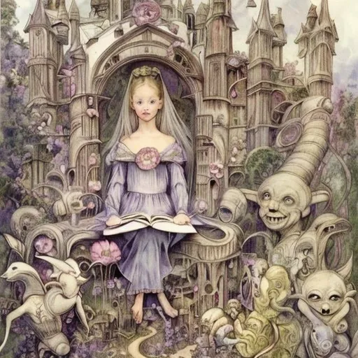 Prompt: Cicely Mary Barker, Anne Anderson, animesque　surreal　absurderes　wondrous　strange　Whimsical　Sci-Fi Fantasy　God and nature、And monsters　a beauty girl, Life and matter　The House of Mnemonics and Wisdom　Fictional races and monsters in the Renaissance