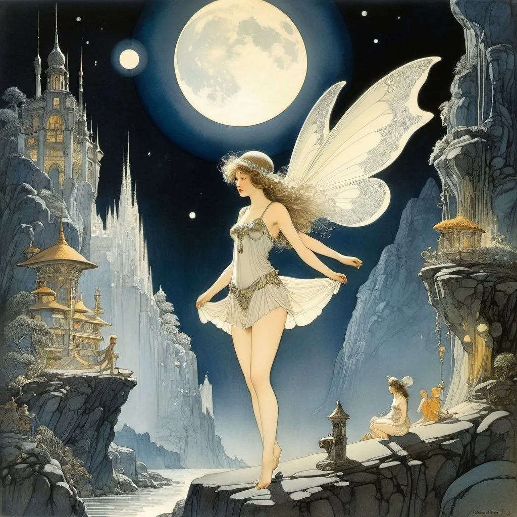 Prompt: Anton Pieck, John Bauer, Virgil Finlay, Virginia Frances Sterrett, Heath Robinson,  Surrealism Mysterious Weird Fantastic Fantasy Sci-fi, Japanese Anime, Nightland Tourist Information, Encounter Miniskirt Beautiful Fairy Girl, perfect voluminous body, Moonlight Fever,  Nocturnal Quartet, detailed masterpiece 