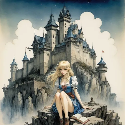 Prompt: Arthur Rackham, Massimo Scolari, Surreal, mysterious, bizarre, fantastical, fantasy, Sci-fi, Japanese anime, a castle that houses various collectibles such as books and minerals, colors, minerals, and stars, including alchemical symbols, dream and body, architecture of memory, blueprint collection, blonde miniskirt beauty girl alice, perfect voluminous body, detailed masterpiece low high angles perspectives 