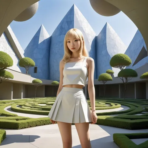 Prompt: Louis Kahn, Hiroko Utsumi, Surreal, mysterious, bizarre, fantastical, fantasy, Sci-fi, Japanese anime. Despots, kings, and architects who boldly construct magnificent geometric gardens. Prove the movement of celestial bodies through geometry. Using perspective drawing to create a trinity of three-dimensional space. Expression: Blonde miniskirt beautiful girl Alice, perfect voluminous body, detailed masterpiece 