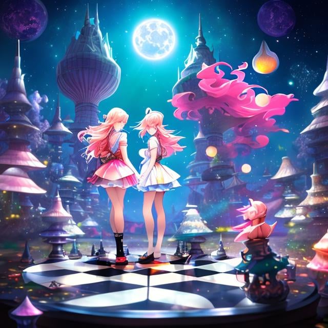 Prompt: Margaret Tarrant, Charles Doyle, Japanese Anime　surreal　fanciful　wondrous　strange　Whimsical　Sci-Fi Fantasy　Chessboard under the moon Chess pieces of geometric solids　Girl Alice