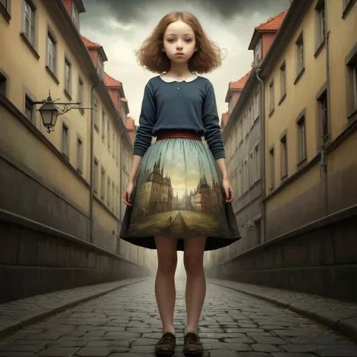 Prompt: Virginio Livraghi, George Frederic Watts, Emanuele Luzzati, Nicoletta Ceccoli, Sulamith Wülfing, Surrealism, wonder, strange, fantastical, fantasy, Sci-fi, Japanese anime, daydream, or a way out, A beautiful high school girl in a miniskirt wandering through the darkness of Prague during the day, perfect voluminous body, Golem, Walpurgis, detailed masterpiece symbolic low high angles perspectives 