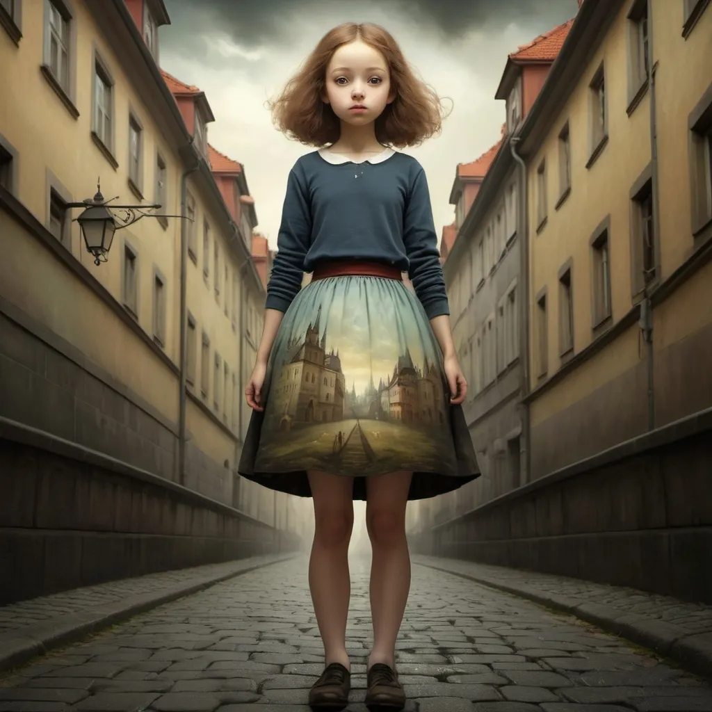 Prompt: Virginio Livraghi, George Frederic Watts, Emanuele Luzzati, Nicoletta Ceccoli, Sulamith Wülfing, Surrealism, wonder, strange, fantastical, fantasy, Sci-fi, Japanese anime, daydream, or a way out, A beautiful high school girl in a miniskirt wandering through the darkness of Prague during the day, perfect voluminous body, Golem, Walpurgis, detailed masterpiece symbolic low high angles perspectives 