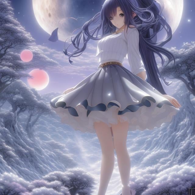 Prompt: Naoyuki Kato, Edith Rimmington, Surreal, mysterious, strange, fantastical, fantasy, Sci-fi, Japanese anime, inside the moon is mechanics, beautiful girl in miniskirt, perfect voluminous body, detailed masterpiece 